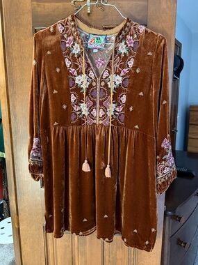 Johnny Was Rust Velvet Embroidered Tunic with Tassels